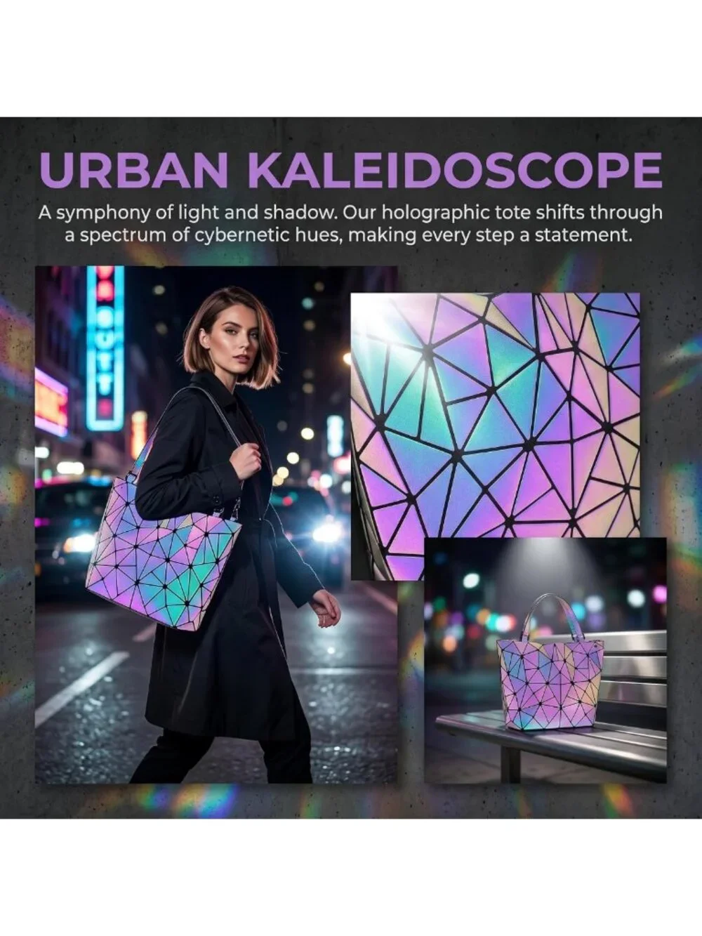 Luminous Geometric Tote Bag & Holographic Crossbody Purse - Black Iridescent